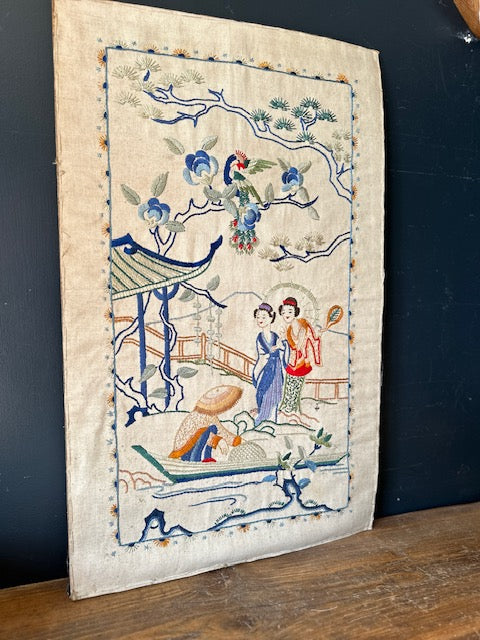 Vintage Large Embroidery Tapestry Picture, Japandi Art, Textile Art, Mountain, Chinoiserie, Oriental, Gallery Wall Art, Japanese Decor