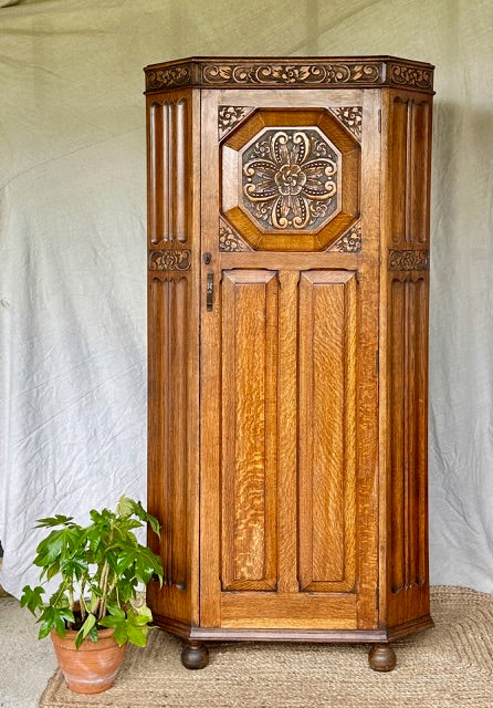 Antique Solid Oak Single Art Deco Wardrobe, Hall Robe, Tall Boy, Entryway Furniture, Vintage Wooden Coat Cupboard, Hall Storage, Bedroom Furniture