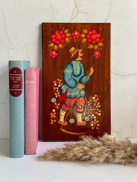 Vintage Wooden Folk Painting Picture, Wall Hanging, Gallery Wall Decor, Bright, Colourful Wall Art Tile, Scandi, Nordic Art, Cottagecore