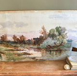 Vintage Water Colour Painting On Board, Original Art, Country Landscape, Boat On A Lake, With Natural Brown And Green, Gallery Wall Decor