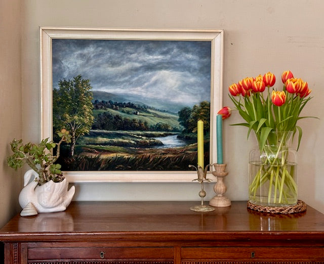 Large Vintage Landscape Painting Oil On Black Board, Large Framed Signed Art, English Countryside, Hills, River, Vibrant Blues And Green