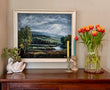 Large Vintage Landscape Painting Oil On Black Board, Large Framed Signed Art, English Countryside, Hills, River, Vibrant Blues And Green