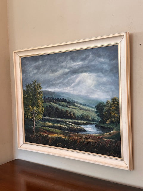 Large Vintage Landscape Painting Oil On Black Board, Large Framed Signed Art, English Countryside, Hills, River, Vibrant Blues And Green