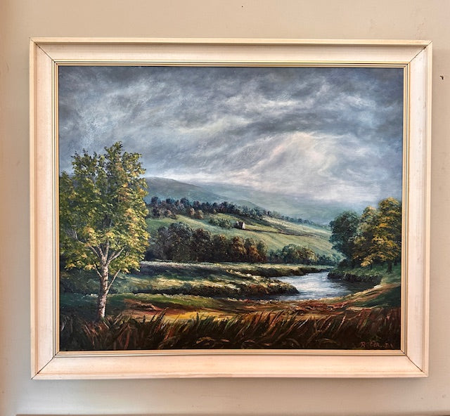 Large Vintage Landscape Painting Oil On Black Board, Large Framed Signed Art, English Countryside, Hills, River, Vibrant Blues And Green