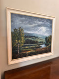 Large Vintage Landscape Painting Oil On Black Board, Large Framed Signed Art, English Countryside, Hills, River, Vibrant Blues And Green