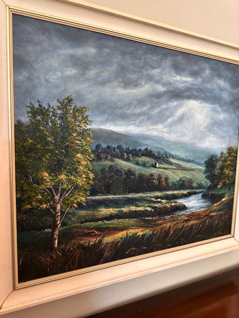 Large Vintage Landscape Painting Oil On Black Board, Large Framed Signed Art, English Countryside, Hills, River, Vibrant Blues And Green
