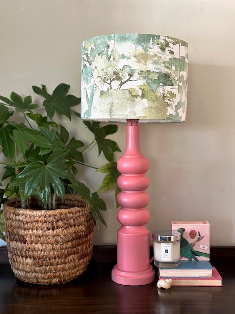 Vintage, Wooden Tall Coral Colour Table Lamp,With Shade, Bobbin