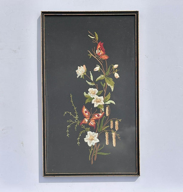 Pair Of Vintage Embroidered Floral Pictures, Botanical And Butterflies Needle Point, Textile Art, Wall Tapestry, Gallery Wall, Cottagecore, Rustic Decor
