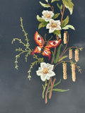 Pair Of Vintage Embroidered Floral Pictures, Botanical And Butterflies Needle Point, Textile Art, Wall Tapestry, Gallery Wall, Cottagecore, Rustic Decor