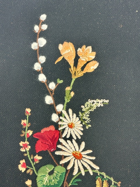 Pair Of Vintage Embroidered Floral Pictures, Botanical And Butterflies Needle Point, Textile Art, Wall Tapestry, Gallery Wall, Cottagecore, Rustic Decor