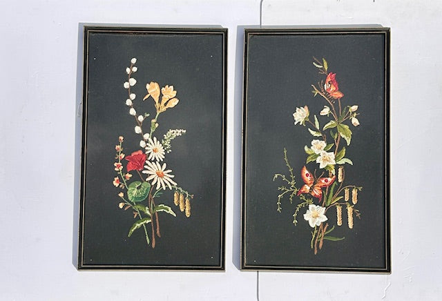Pair Of Vintage Embroidered Floral Pictures, Botanical And Butterflies Needle Point, Textile Art, Wall Tapestry, Gallery Wall, Cottagecore, Rustic Decor