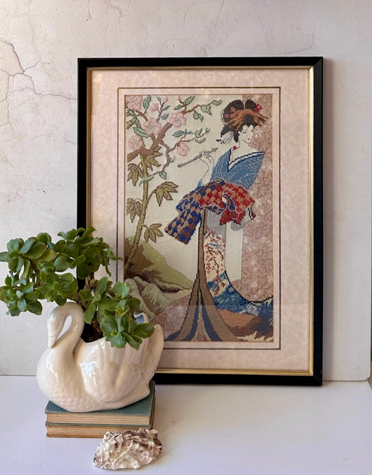 Vintage Framed Japanese Geisha Cross Stitch Picture, Japandi Decor, Japanese Art, Gallery Wall Art, Needle Point, Embroidery, Tapestry,