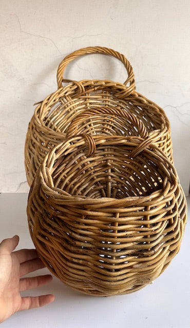 Vintage French Wall Hanging Baskets, Set Of Two, Hanging Woven Planter Baskets, Flat Back, Rustic Home Decor, Cottagecore