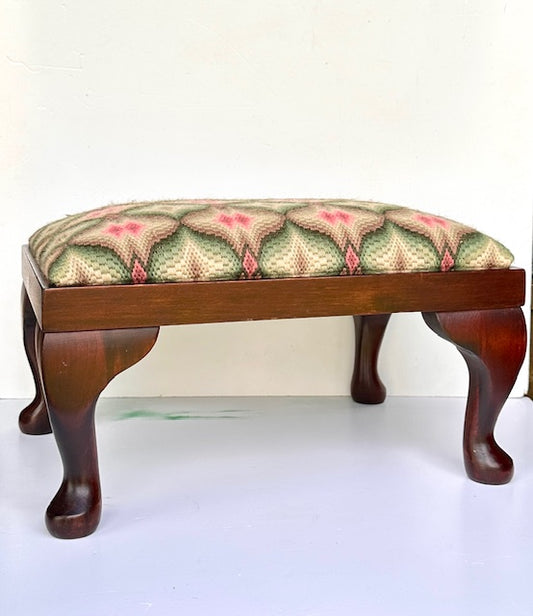 Vintage Tapestry Foot Stool, Cross Stitch, Embroidered Low Stool, Maximalist Decor, Cottagecore Decor