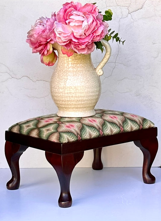 Vintage Tapestry Foot Stool, Cross Stitch, Embroidered Low Stool, Maximalist Decor, Cottagecore Decor
