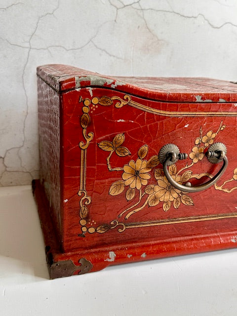 Vintage Antique Oriental Red Lacquer Jewellery Box, With Hinged Lid & Mirror, Dressing Table Mirror, Japandi Home Decor