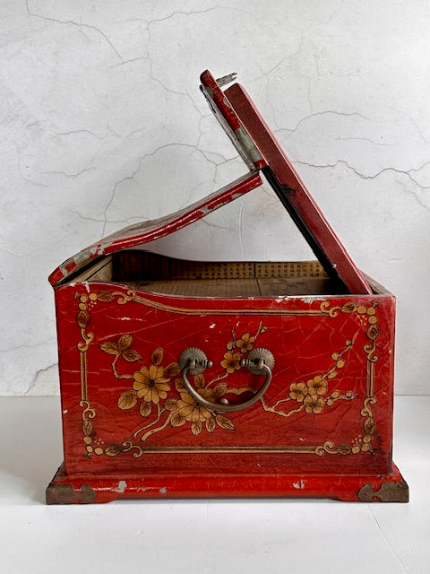 Vintage Antique Oriental Red Lacquer Jewellery Box, With Hinged Lid & Mirror, Dressing Table Mirror, Japandi Home Decor