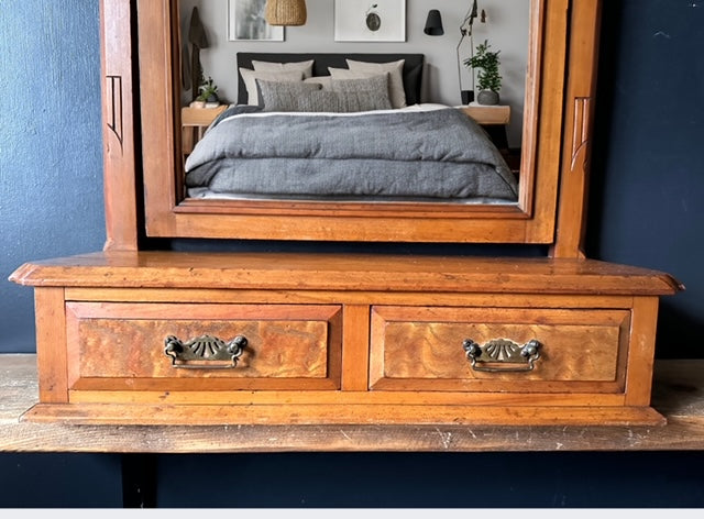 Antique Mahogany Dressing Table Mirror, Toilet Mirror, Vintage Wooden Oval Table Top Tilt Mirror, On Stand, With Drawer, Country Home Decor