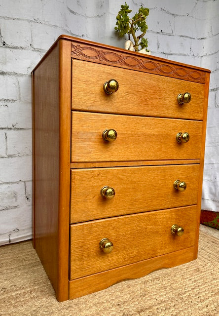 Harris Lebus Vintage Golden Oak Chest Of Drawers, Bedside Table, Hall Console, Mid Century Bedroom Furniture, English Country Decor, Cottagecore Decor