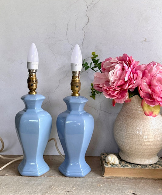 Vintage Ceramic Pale Blue BHS Lamp Bases, Pair Of Bedside Lamp, Table Lamp,Pale Blue, Pastel, Small Lamp, Country Style, Cottagecore, Decor