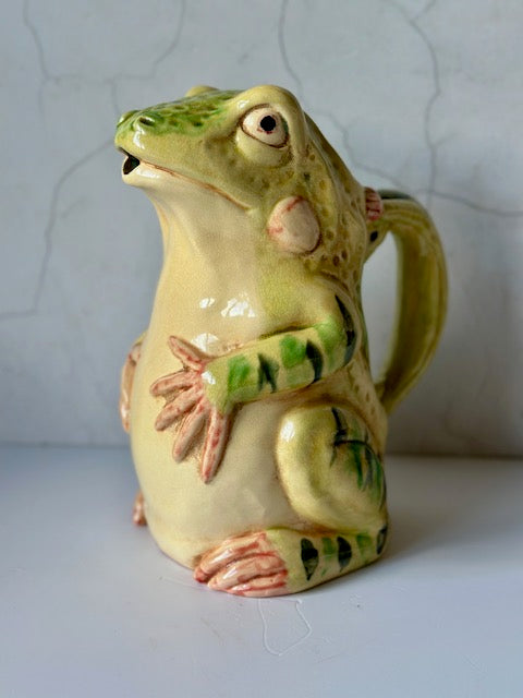 Vintage Mid Century Majolica Frog Pitcher, Ceramic Jug, Vintage Tableware, Quirky Home Decor, Rustic, Maximalist Decor