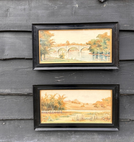 Pair Of Antique Landscape Water Colour Paintings, Original Framed, Signed Artwork, Woodland Forest Landscape With Natural Brown And Green, Vintage Gallery Wall Decor, English Country Decor