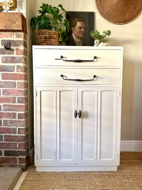 Vintage Art Deco Chest Of Drawers, Painted Cream, Wooden Cupboard, Cabinet, Hall Storage, Small Kitchen Free Standing Larder, Office Furniture, English Country Decor