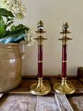 Pair Of Vintage BHS Burgundy & Brass Table | Traditional Candlestick Bedside Lamps