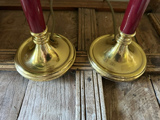 Pair Of Vintage BHS Burgundy & Brass Table | Traditional Candlestick Bedside Lamps
