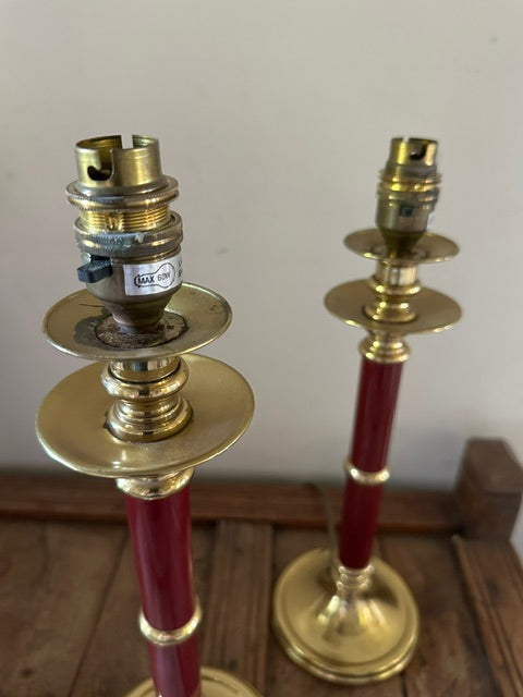 Pair Of Vintage BHS Burgundy & Brass Table | Traditional Candlestick Bedside Lamps