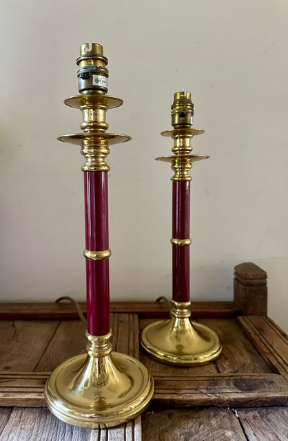 Pair Of Vintage BHS Burgundy & Brass Table | Traditional Candlestick Bedside Lamps