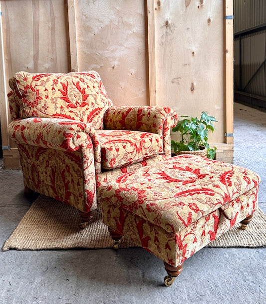 Vintage Duresta Floral Pattern Arm Chair With Matching Foot Stool, Ottaman, Bench, British Handmade Lounge Chair, Living Room, Study, Bedroom Furniture, English Country, Laura Ashley Style, Cottagecore Style