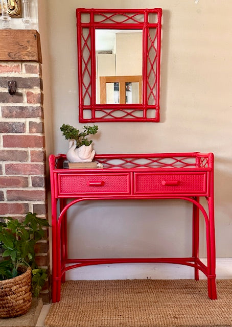 Vintage Red Bamboo Desk And Mirror, Rattan Wicker, Japandi Style, Dressing Table, Desk, Hall Console, Bright Furniture, Maximalist Decor