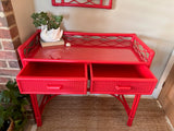 Vintage Red Bamboo Desk And Mirror, Rattan Wicker, Japandi Style, Dressing Table, Desk, Hall Console, Bright Furniture, Maximalist Decor