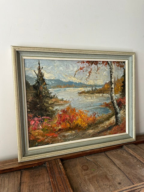 Vintage Framed Autumn Landscape Oil Painting, Woodland Lake Scene, Mid Century Country House Artwork