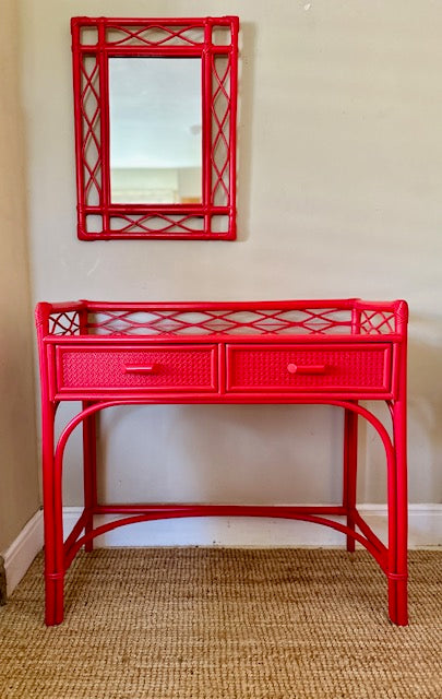 Vintage Red Bamboo Desk And Mirror, Rattan Wicker, Japandi Style, Dressing Table, Desk, Hall Console, Bright Furniture, Maximalist Decor