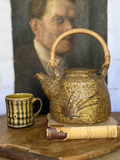 Vintage Ceramic Tea Pot, Coffee Pot, Bamboo Handle, Earthy Tone Pottery, Oriental Stoneware, Rustic Decor, Nature Inspired, Japandi Decor