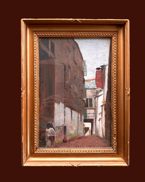 Vintage Street Scene Oil Painting On Wood, Original Gold Framed Art, Quaint City Scene With Natural Brown And Green, Gallery Wall Decor