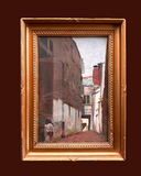 Vintage Street Scene Oil Painting On Wood, Original Gold Framed Art, Quaint City Scene With Natural Brown And Green, Gallery Wall Decor