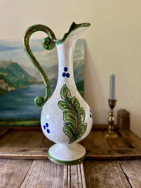 Vintage Hand Painted Pottery Pitcher Jug, Folk Art Ceramic Vase, Floral Pottery, Rustic Country House, Cottagecore Decor