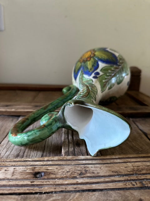 Vintage Hand Painted Pottery Pitcher Jug, Folk Art Ceramic Vase, Floral Pottery, Rustic Country House, Cottagecore Decor