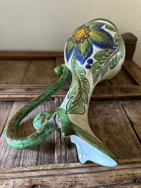 Vintage Hand Painted Pottery Pitcher Jug, Folk Art Ceramic Vase, Floral Pottery, Rustic Country House, Cottagecore Decor