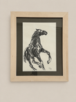 Original signed equestrian drawing of a rearing horse in a pale wood frame 