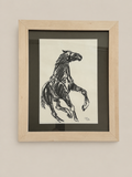 Original signed equestrian drawing of a rearing horse in a pale wood frame 