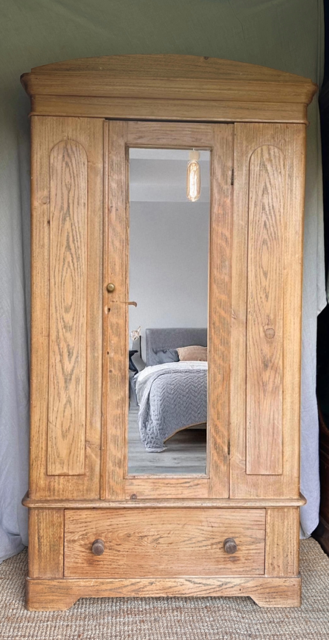 Antique Pine Single Wardrobe, With Drawer, Mirror, Bedroom Furniture,Rustic Vintage Hall Coat Cupboard, Hall Storage, English Country Home Decor