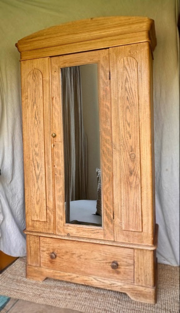 Antique Pine Single Wardrobe, With Drawer, Mirror, Bedroom Furniture,Rustic Vintage Hall Coat Cupboard, Hall Storage, English Country Home Decor