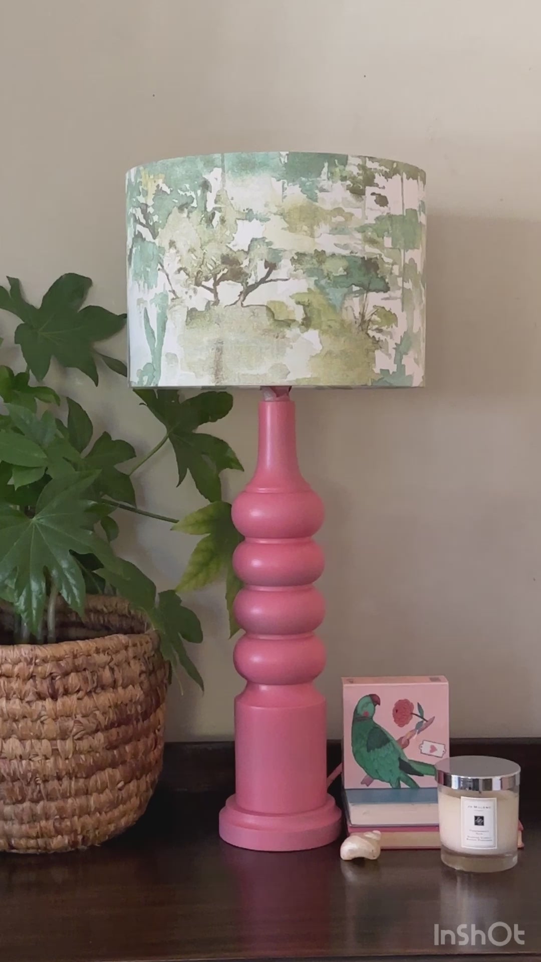 Vintage, Wooden Tall Coral Colour Table Lamp,With Shade, Bobbin Lamp Base, Bright, Colourful, Bedside Lamp, Upcycled Lighting, Maximalist Home Decor