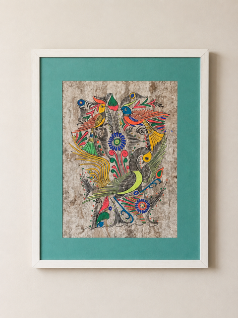 Vintage Mexican bark painting of colourful birds and flowers on textured brown paper, surrounded by a turquoise mount and white frame