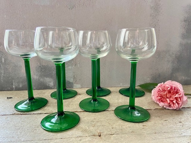 Vintage, Set Of, Wine Glasses, Green Stemmed, Bar Glasses, Mid Century, Coloured Glassware, Christmas Tableware, Party, Barware, Gift