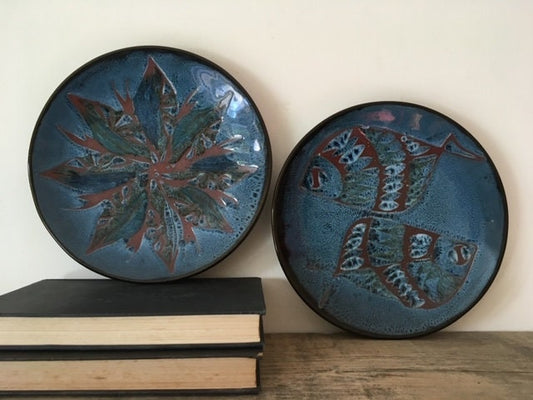 Vintage Hand Painted Ceramic Plate, Moroccan Pottery Dish, Folk, Cottagecore, Rustic Decor, Blue, Brown Tableware, Nature Inspired Gift